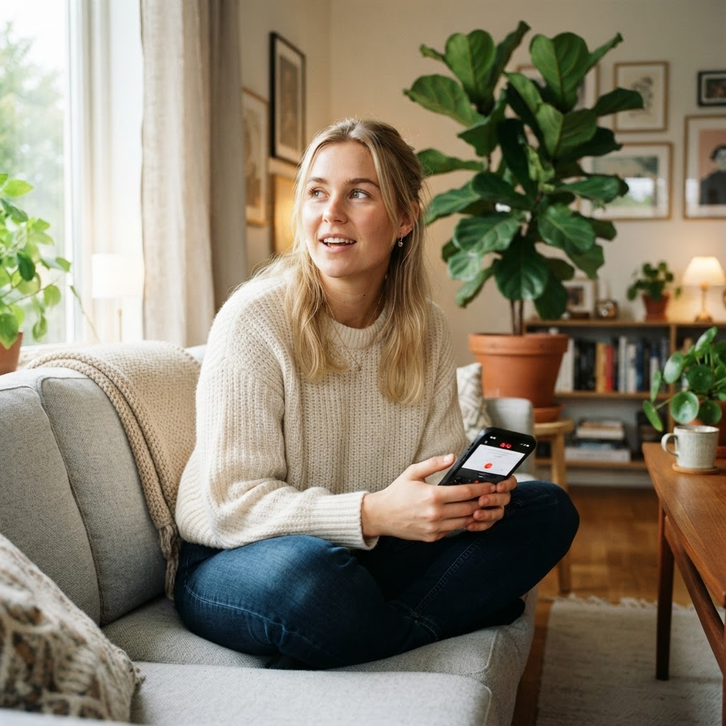 En brugertester optager sin skærm hjemme i sofaen